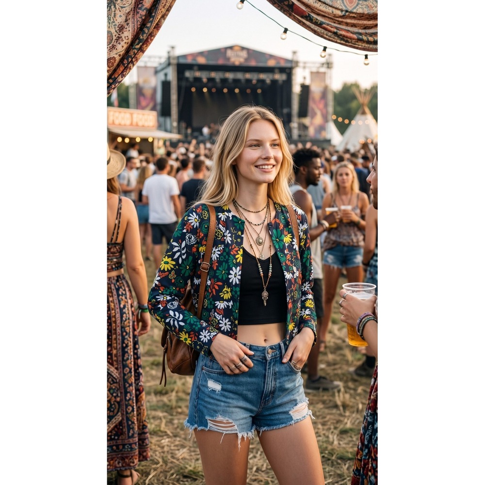 Retro Floral Cropped Blazer M NWT Navy Daisy 70s Cottagecore Festival Hippy